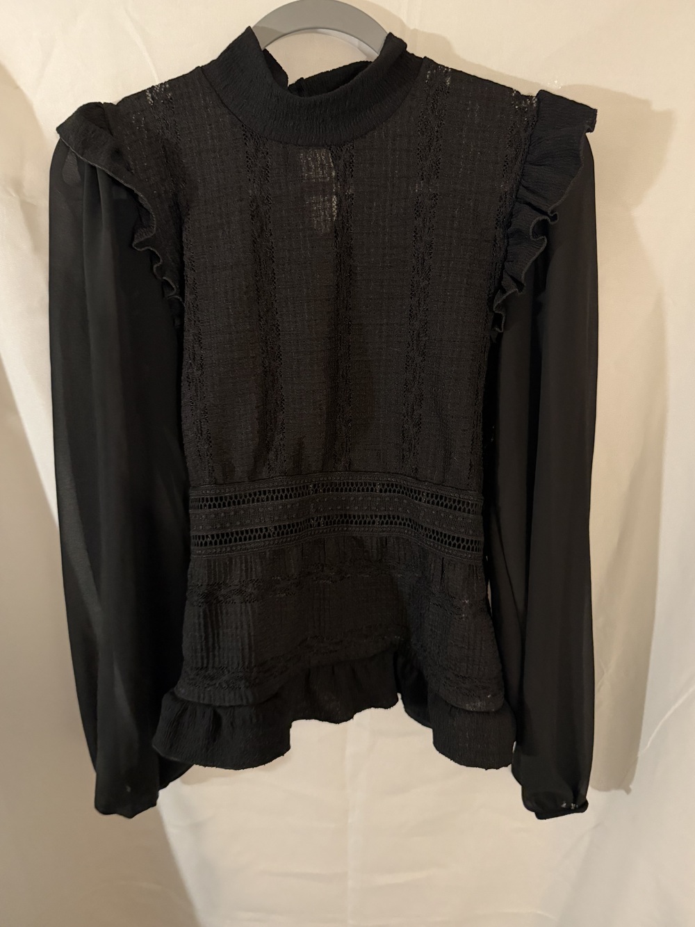 Morgan De Toi Women's Black Blouse Size L Sheer Ruffle Lace Mock Neck Whimsigoth